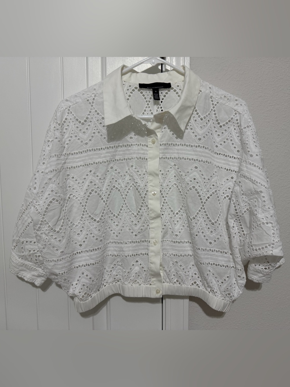 White House Black Market White Eyelet Cropped Button-Down Blouse